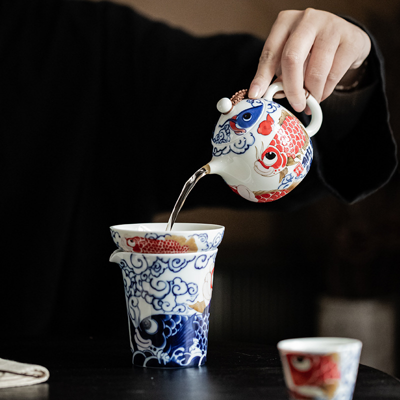 Bộ ấm trà Kung Fu Rồng Cá cốc trà gốm sứ kiểu Trung Quốc Có Nắp ấm trà dụng cụ pha trà gia dụng Hộp quà tặng cao cấp