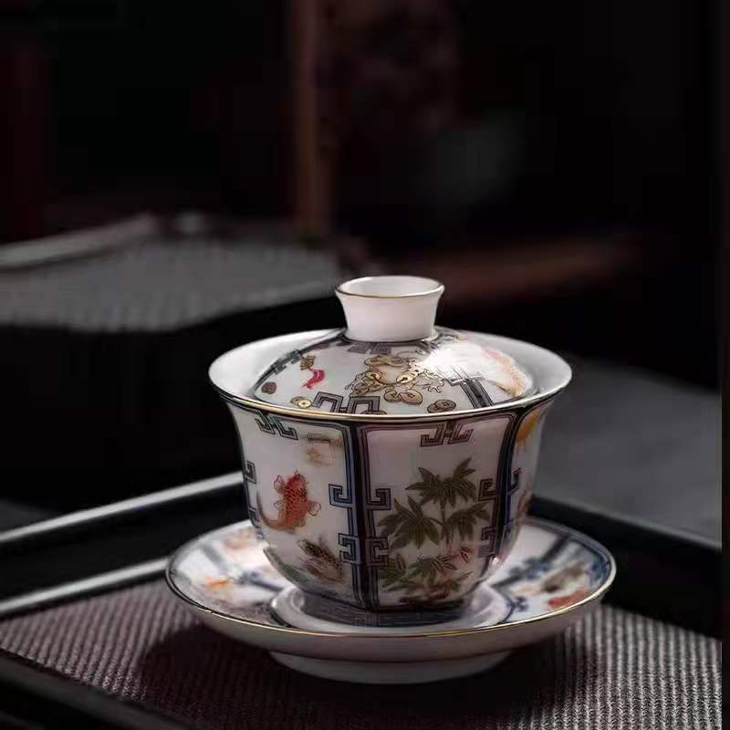 Sứ trắng mỡ cừu ngọc tam tài bát thu tài hoa bộ trà Kung Fu mẫu mới hộp quà lưu niệm