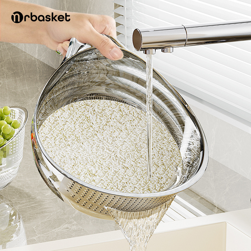Dụng cụ rửa gạo nhà bếp, chậu rửa gia dụng, giỏ thoát nước, rây rửa gạo rửa rau đa năng, có tay cầm, chậu rửa trái cây