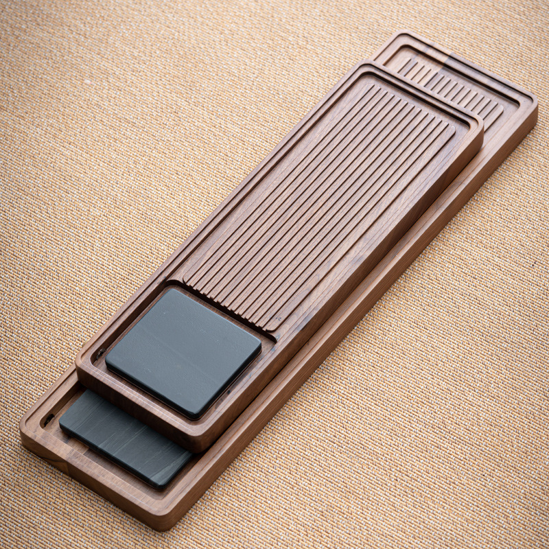 Khay pha trà gỗ mun Gỗ Óc Chó khay pha khô khay pha trà hình chữ nhật gỗ rắn văn phòng gia dụng kiểu Trung Quốc mới khay pha khô thoát nước