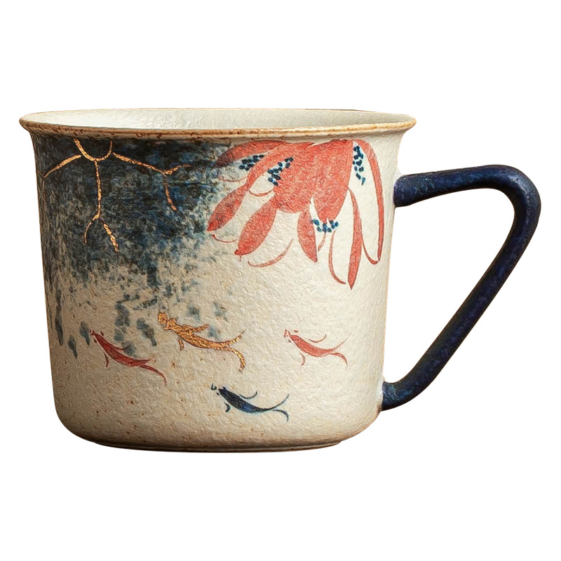 Nhà máy màu xanh và trắng đá lửa cốc cà phê gốm sứ đỏ chạm khắc vàng vẽ tay vần sen Koi latte cốc trà chiều cốc nước
