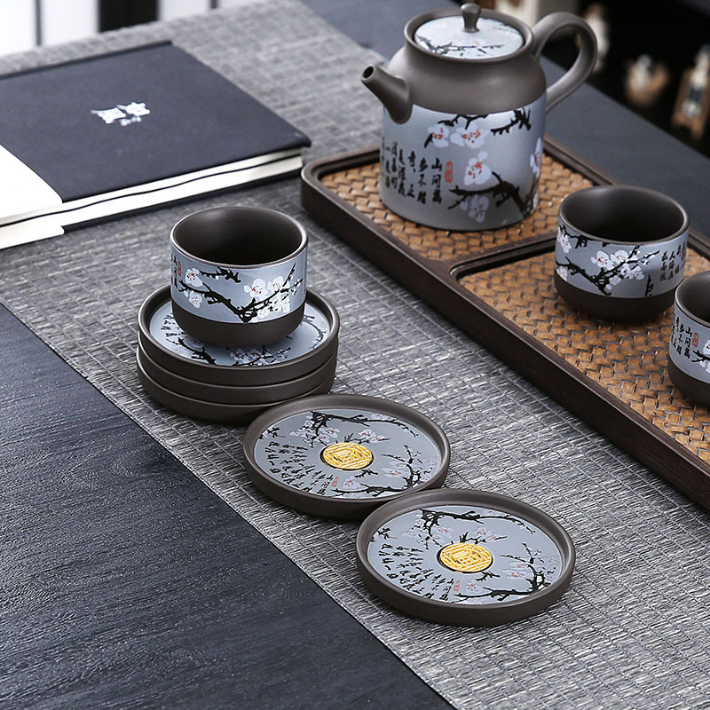 Lót cốc cát tím, khay đựng cốc, khay đựng trà, tách trà cách nhiệt đơn giản, bộ trà gia dụng, bộ trà, đệm cốc, phụ kiện trà đạo gốm sứ