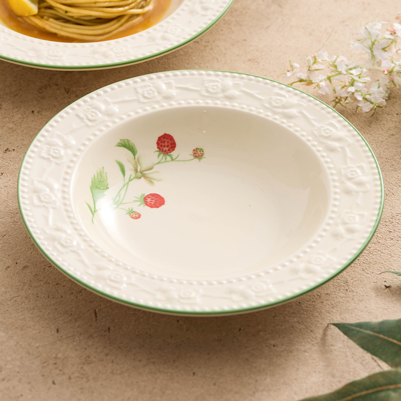 Đĩa sâu gốm sứ dâu dập nổi Đĩa mì Ý Đĩa cảm giác cao cấp Đĩa gia dụng Đĩa ăn sáng hình tròn Đĩa salad trái cây