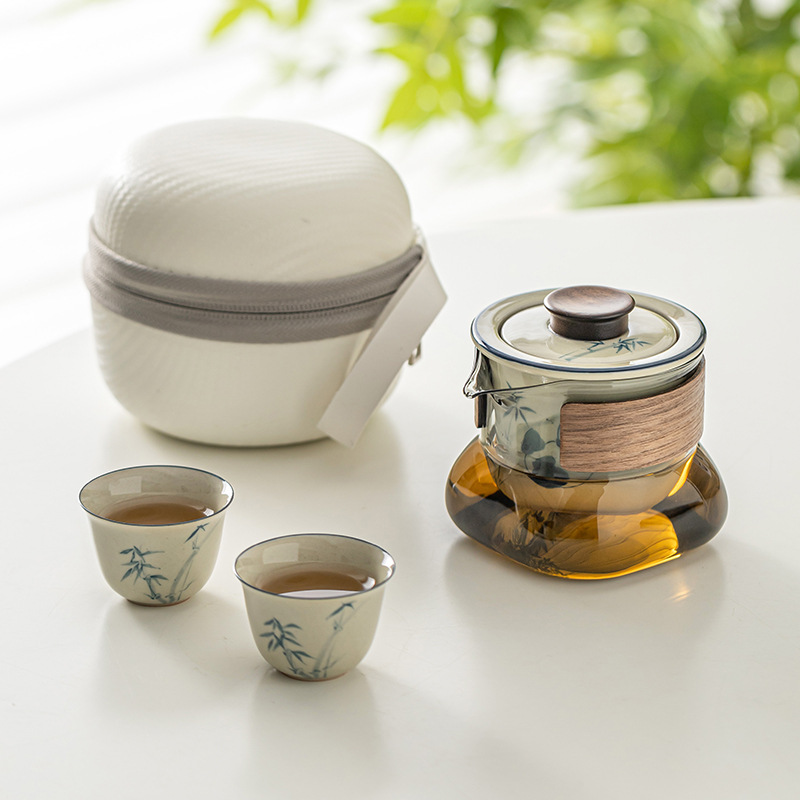 Bộ trà du lịch gấu trúc vẽ tay màu xám thực vật bộ trà di động thiết bị uống trà gốm sứ nhanh túi lưu trữ cốc khách