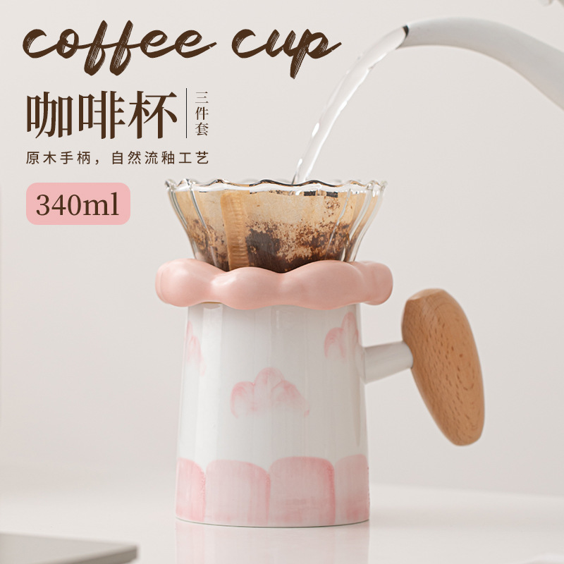 Cốc pha cà phê bằng tay gốm sứ đơn giản có khay lọc bộ ba chiếc cốc uống trà chiều văn phòng gia dụng cốc mug