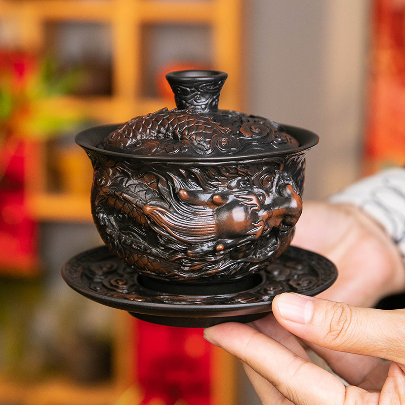 Bát nắp ba tài do gốm tím Tenglong treo hoàn toàn bằng tay đống bộ trà Kung Fu chạm khắc bát trà bát pha trà đơn cỡ lớn gia dụng