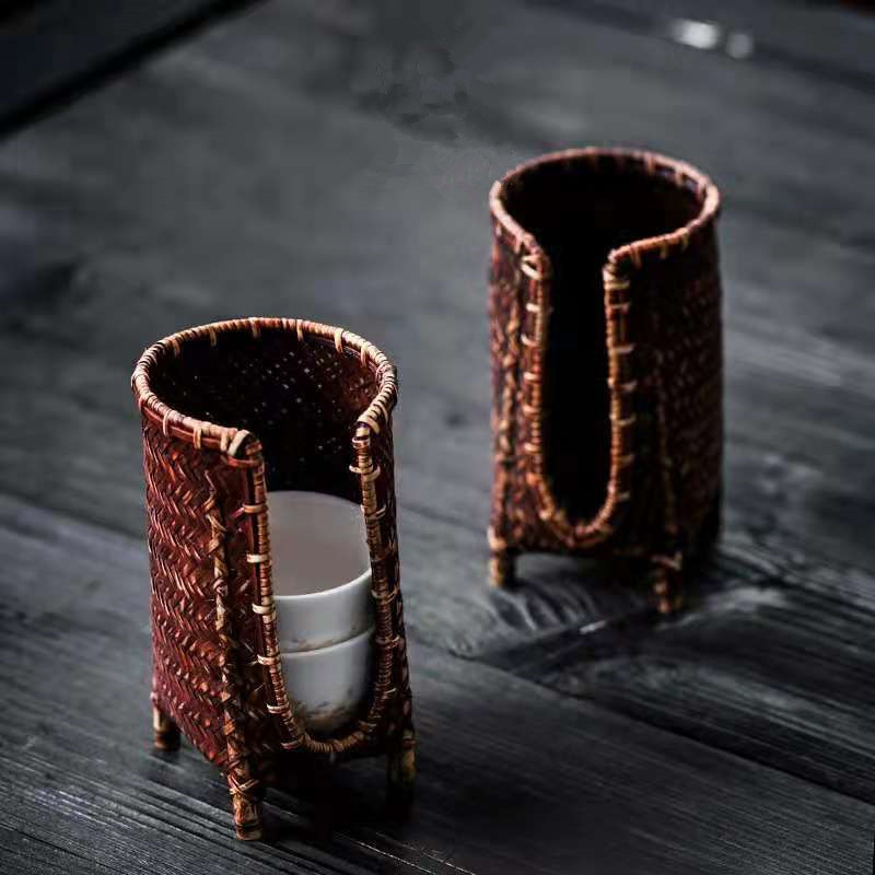 Da'antang bán buôn Giỏ đựng cốc đan bằng tre phụ kiện trà đạo thủ công Bộ trà cốc lưu trữ cốc Kệ cốc Lồng Phong Cách Trung Quốc Thiền kiểu chữ U