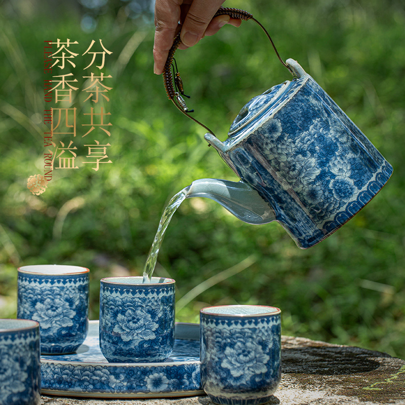 Bộ ấm chén trà gốm sứ cổ điển, men nứt, dung tích lớn, dùng cho gia đình, đựng nước lạnh.