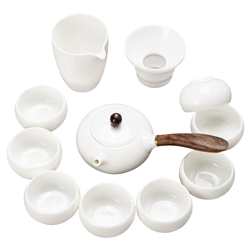 Bộ trà sứ trắng Dehua cao cấp gia dụng đơn giản mỡ cừu ngọc sứ nắp bát sứ trắng tay cầm bên ấm trà cốc sứ bán buôn