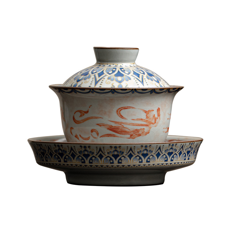 Bát có nắp hình thỏi Đôn Hoàng, bát có nắp ba tài bằng gốm sứ gia dụng, bộ trà Kung Fu mở bằng lò Song Ru, bát pha trà, hộp quà