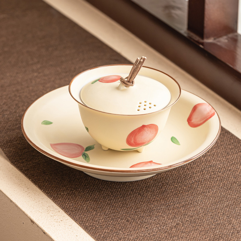 Quạt vẽ tay nút dây đào có nắp đậy chén trà chén chén trà gốm sứ gia dụng có nắp bộ trà Kung Fu không nóng đơn