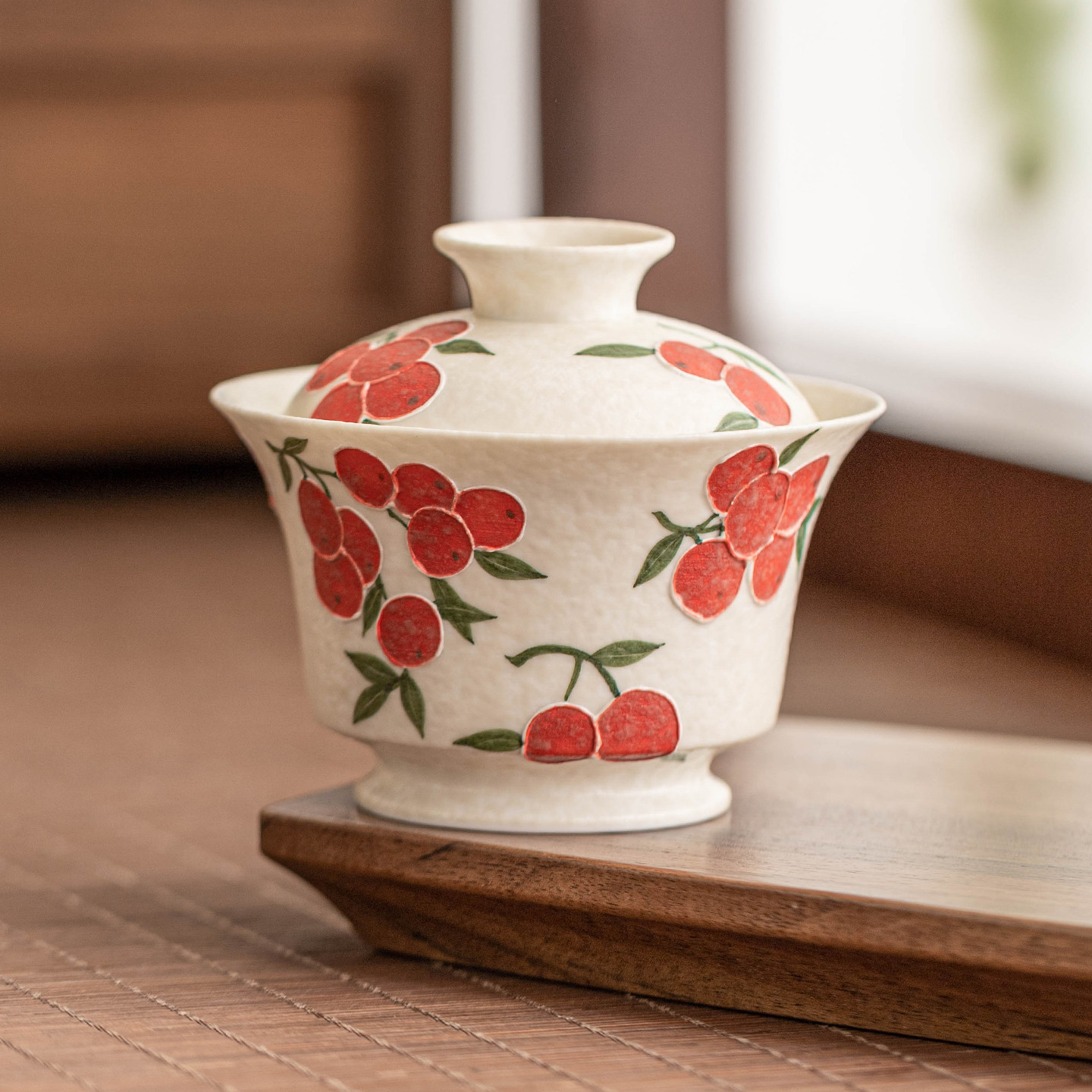 Bộ ấm chén trà gốm sứ Kung Fu màu trắng đá khoáng, họa tiết anh đào chạm khắc thủ công, chén trà gaiwan, một chiếc