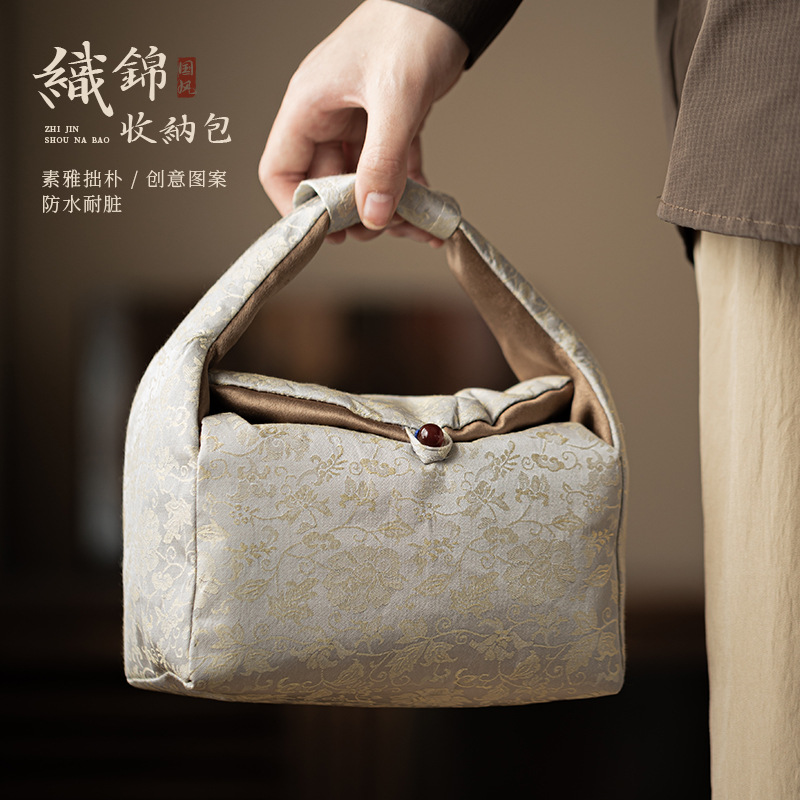 Túi lưu trữ bông dệt hoa sen quấn túi đựng trà bộ trà gia dụng túi xách tay kiểu Trung Quốc túi đựng ấm trà ngoài trời túi đựng cốc trà