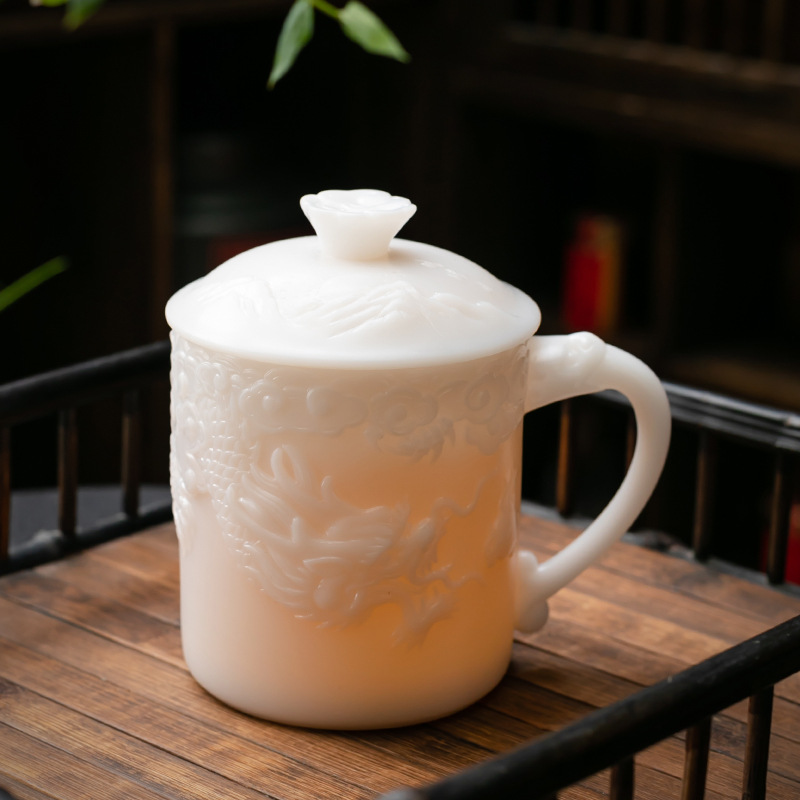 Guo Zhibao Cốc văn phòng loại băng Cốc nước gốm sứ trắng Trung Quốc Cốc trà cá nhân lớn có nắp Bộ trà Cốc phù điêu Mark
