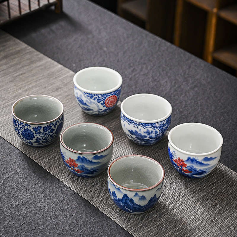 Cốc chủ nhân màu xanh và trắng, gốm cũ, đất sét, cành sen, trà, tách trà, cốc đơn, gốm sứ thủ công, cốc nước, bát trà