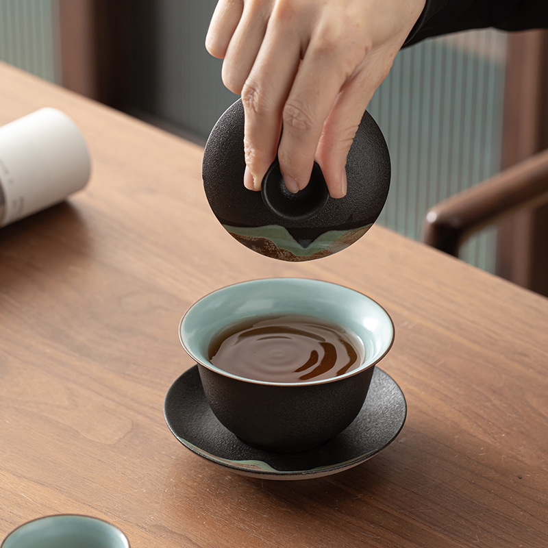 Vẽ tay núi xa Sancai có nắp bát gốm sứ Kung Fu bộ trà chén chén trà chén gốm thô dụng cụ pha trà cầm tay gia dụng