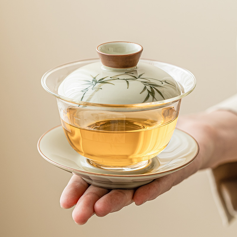 Bát trà bằng tre xanh ngọc bích vẽ tay có nắp, bát pha trà Kung Fu gia dụng, bộ trà thủy tinh không nóng, bát có nắp ba tài gốm sứ