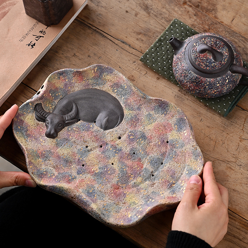 Ấm vàng điểm mỏ đá đầy màu sắc thủ công, bàn trà pha khô trữ nước gốm thô kiểu Nhật, bộ trà gia dụng, giá đỡ ấm trà