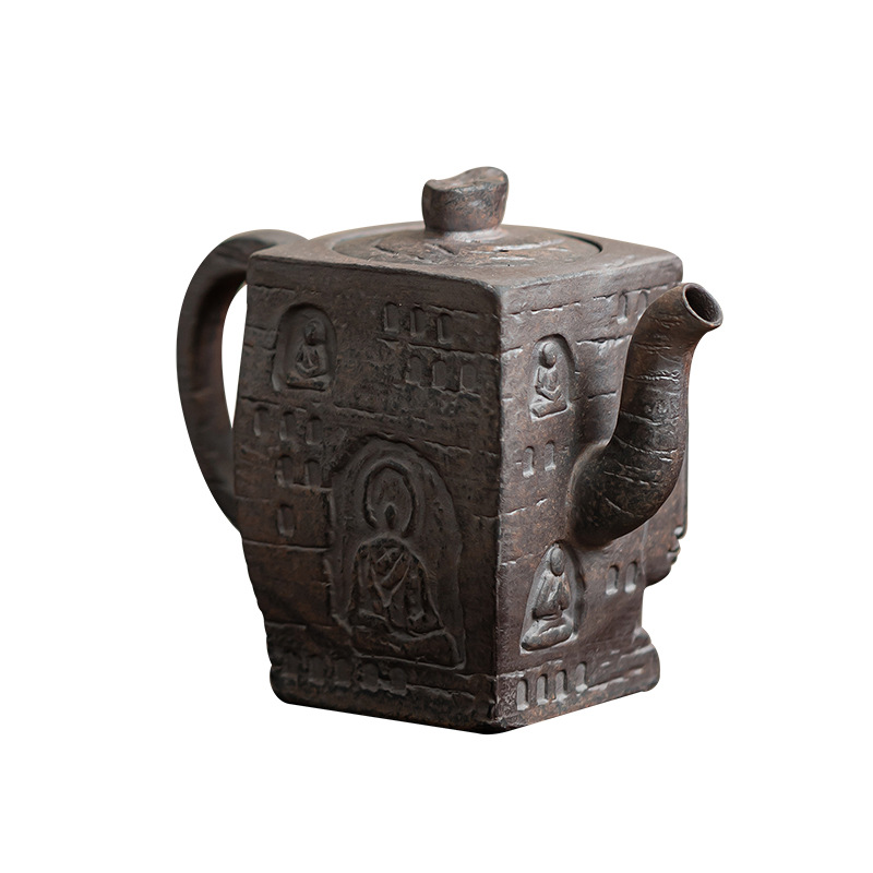 Ấm trà vuông ngàn phật đất đá cũ dụng cụ trà Kung Fu gia dụng ấm đơn ấm pha trà gốm thô cổ điển kiểu Trung Quốc ấm trà không nóng tay