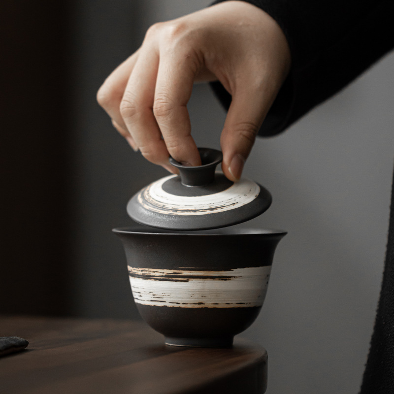 Dụng cụ pha trà Wabijifeng Kung Fu bát nắp nhị tài dụng cụ pha trà dung tích lớn Bát pha trà gốm sứ cổ điển gốm thô