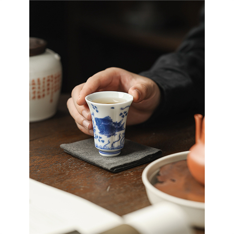 Cốc trà tráng men màu trắng xanh Bộ trà Kung Fu sứ trắng Dehua cốc chủ nhân chuyên dụng cá nhân tách trà cốc đơn