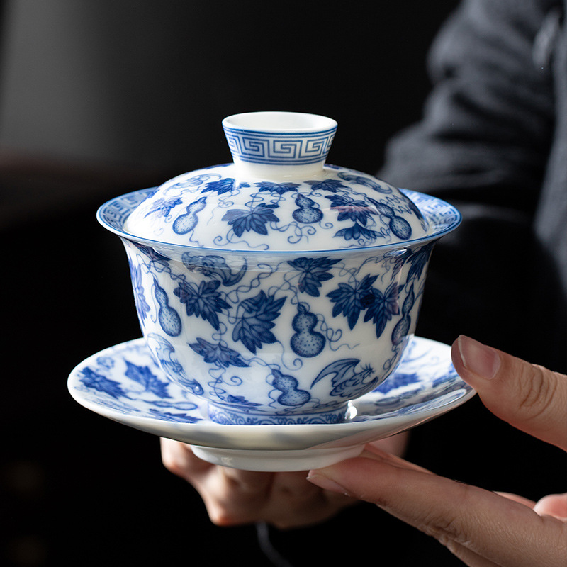 Jingdezhen Ercai có nắp, sứ trắng xanh vẽ tay, hình ảnh Fulu, chén trà tráng men gốm cao cấp đơn, cốc pha trà Kung Fu
