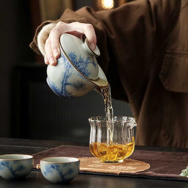 Bát trà có nắp lò Ru màu xanh và trắng, ấm trà đơn cao cấp, ấm cầm tay, bộ trà du lịch gia dụng, bát trà chống bỏng có nắp