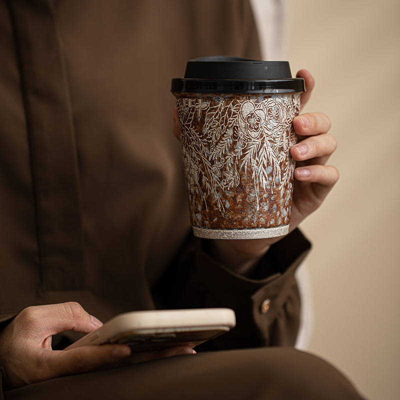 Cốc cà phê mạ bạc hoa bùn đá cũ cốc nước gốm thô cỡ lớn văn phòng gia dụng cổ điển cốc tiện dụng cốc Coca