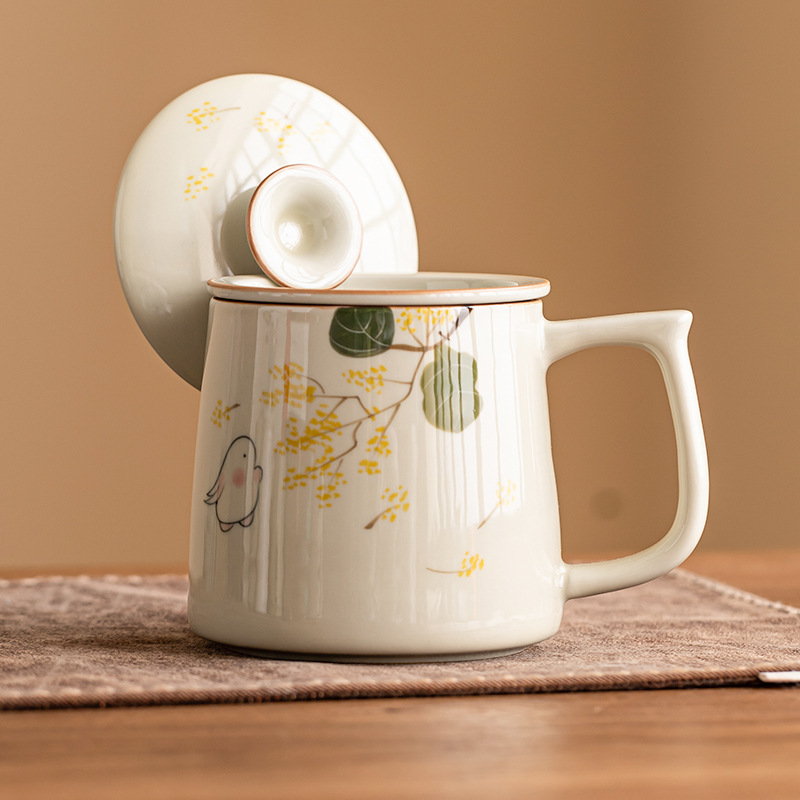 Ly trà sứ họa tiết hoa quế vàng vẽ tay, tách nước trà, có nắp, dùng làm cốc văn phòng