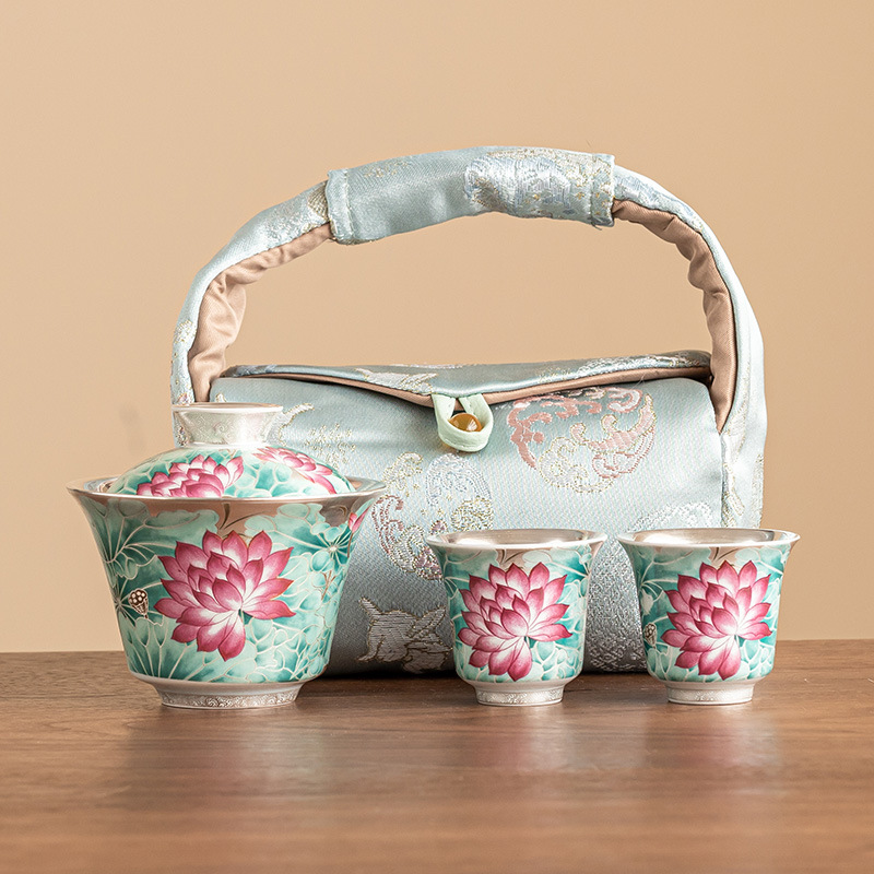 Bộ ấm chén trà Kung Fu gốm sứ cao cấp mạ vàng 999, họa tiết ao sen ánh trăng, 1 chén 2 tách, quà tặng