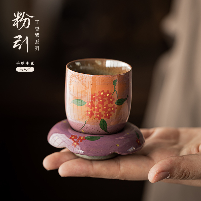 Tách trà gốm hoa nhỏ vẽ tay màu tím tử đinh hương