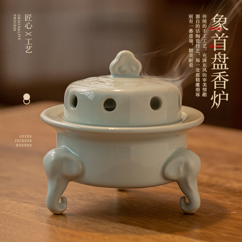 Lư hương đĩa ba chân đầu voi gốm, đồ trang trí thủ công gốm sứ sáng tạo, lư hương trong nhà gia dụng