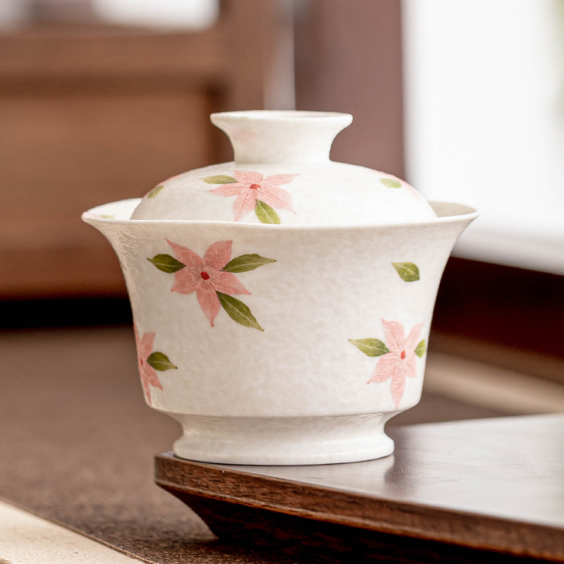Đá mỏ vẽ tay, hoa anh đào trắng, bát có nắp, cốc trà gốm có nắp, bát pha trà gia dụng đơn, bộ trà Kung Fu cao cấp