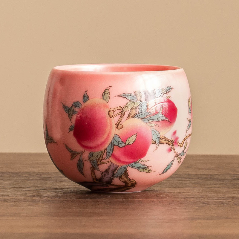 Cốc trà gốm sứ cốc chủ nhân cao cấp mỡ lợn bột đông Rufencai chín đào tròn cốc trà cốc trà cốc đơn