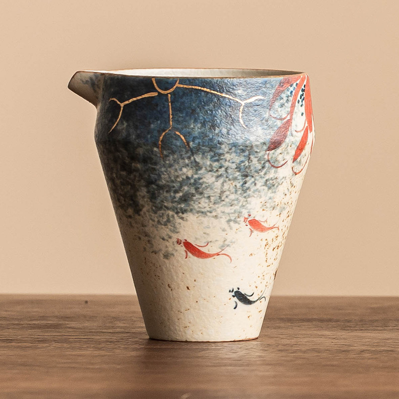 Cốc công bằng gốm sứ đỏ đá lửa trắng xanh tinh khiết vẽ tay vàng hoa sen trà cá koi biển phụ kiện trà Kung Fu dụng cụ pha trà