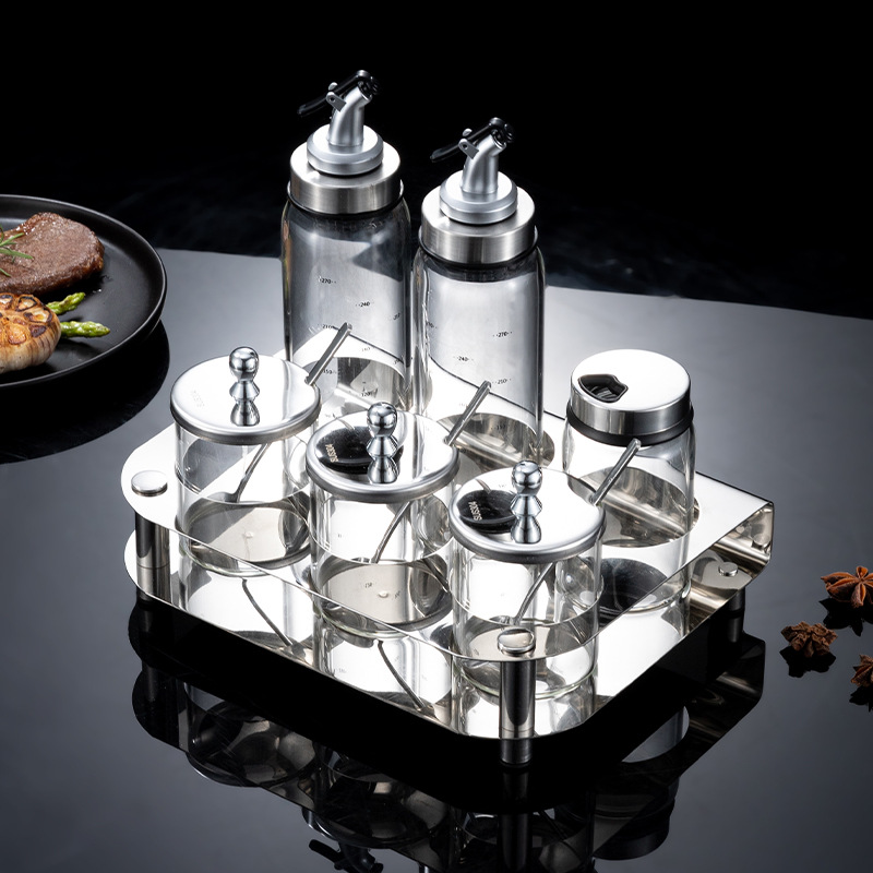 Bộ gia vị nhà hàng khay inox 304 hũ thủy tinh lọ gia vị nhà bếp gia dụng thủy tinh borosilicate JZ25031