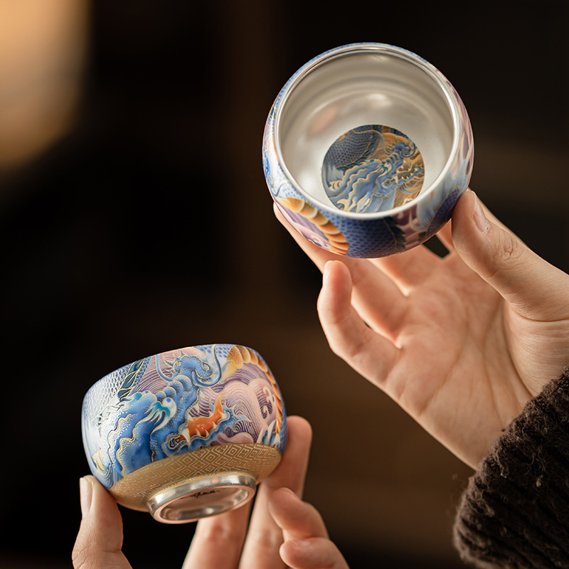 Song Yu mạ bạc Tenglong một ấm hai cốc bộ ấm trà gốm sứ tặng quà gia dụng ấm trà cổ điển hộp quà