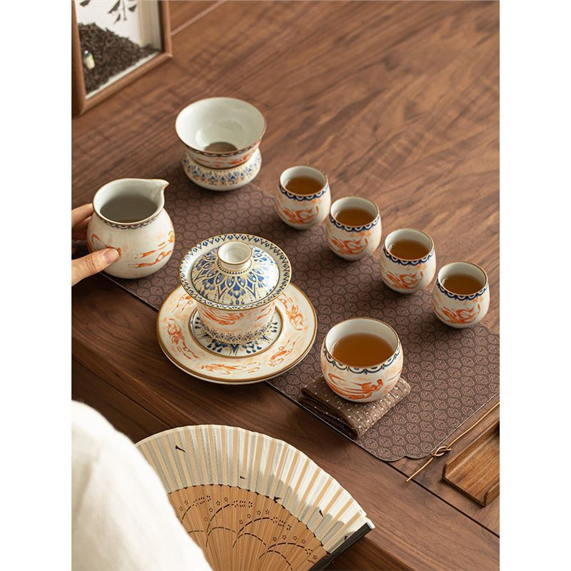 Ruyao Đôn Hoàng Flying Sky Horseshoe Sancai Bát có nắp Bộ ấm trà Kung Fu Bộ chén trà gốm sứ gia dụng trọn bộ