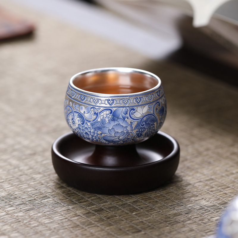 Bộ ấm trà Kung Fu cao cấp bộ cốc xoay mạ bạc ấm bạc cốc chủ nhân Trung Quốc cốc trà cho người lớn tuổi tặng bạn bè