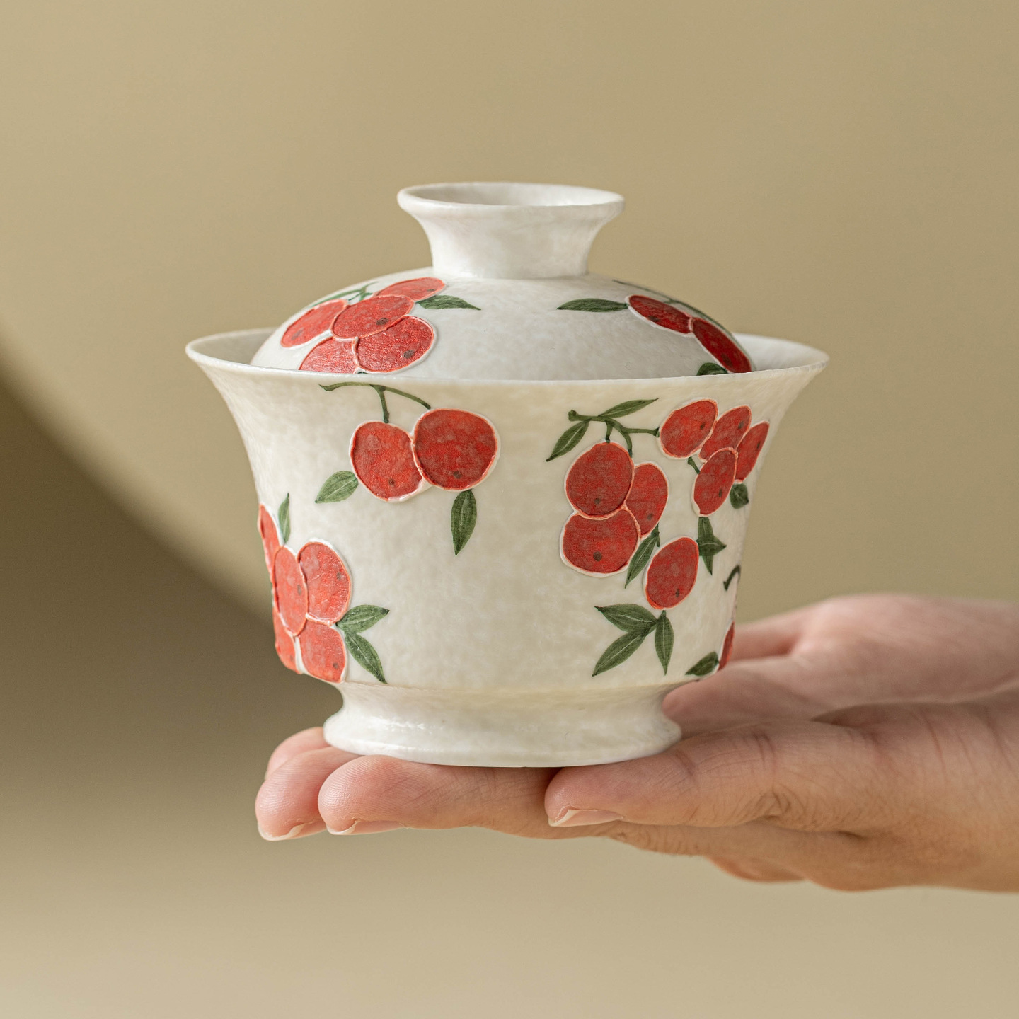 Bộ ấm chén trà gốm sứ Kung Fu màu trắng đá khoáng, họa tiết anh đào chạm khắc thủ công, chén trà gaiwan, một chiếc