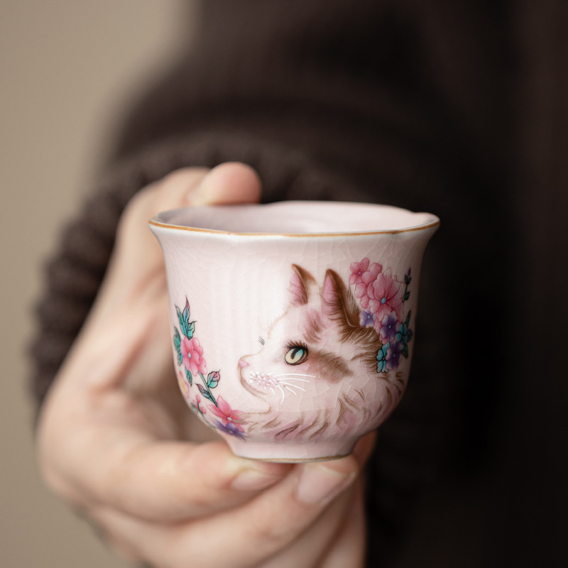 Cốc trà gốm sứ mèo hồng, cốc phú quý, cốc trứng, cốc miệng hoa, bộ trà có thể nuôi, cốc trà đơn, hộp quà