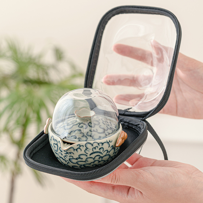 Bộ trà du lịch Ấm trà ngoài trời di động Cốc trà Ru sứ mở có thể nâng cốc khách nhanh Bộ trà một ấm hai cốc