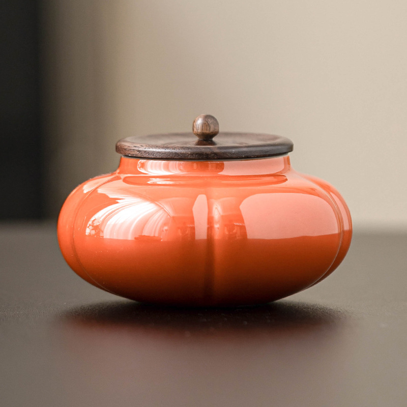 Bình trà bí ngô gốm sứ, bình đựng trà gia dụng, bình bảo quản, bình kín, chống ẩm, nắp gỗ mun, đồ trang trí nhỏ sáng tạo