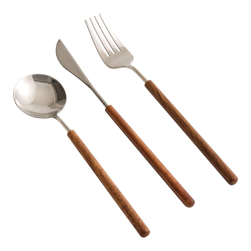 Bộ đồ ăn phương Tây tay cầm bằng gỗ hoa lê, dao, nĩa và thìa ba miếng, inox 304 thương mại, thìa tráng miệng bít tết