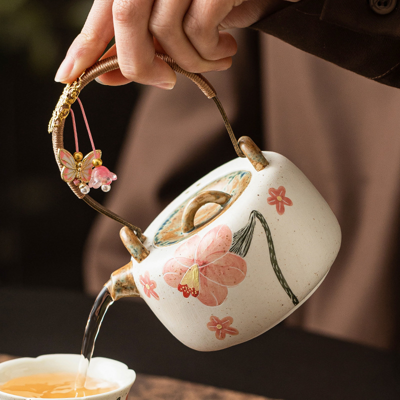 Ấm trà cao cấp màu xám thực vật, ấm cầm xà nâng hoa chuông, ấm đơn lọc chống bỏng, ấm đựng ấm