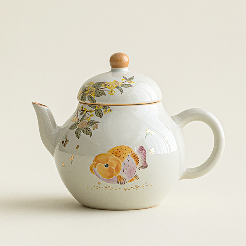 Ấm hình cá osmanthus vàng xám cỏ phong cách Trung Quốc ấm hình ảnh ấm trà gốm sứ gia dụng bộ trà Kung Fu ấm trà Trung Quốc quà tặng