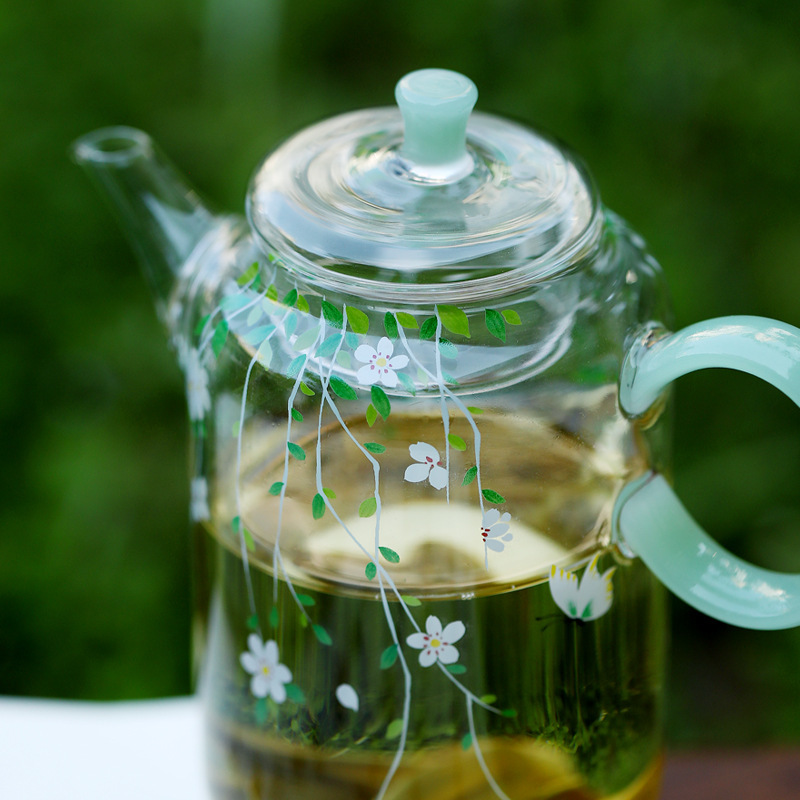Ấm trà thủy tinh borosilicat cao chịu nhiệt độ cao ấm trà nhỏ tươi mát ấm trà đơn trà xanh mùa xuân có lọc