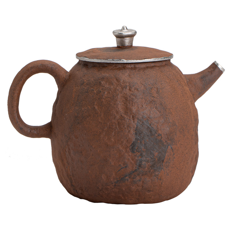 Ấm đun nước bằng đá bùn đá cũ trống rỗng, ấm trà gốm thô mạ bạc thủ công bằng gốm, ấm đơn, ấm pha trà lọc lỗ bóng