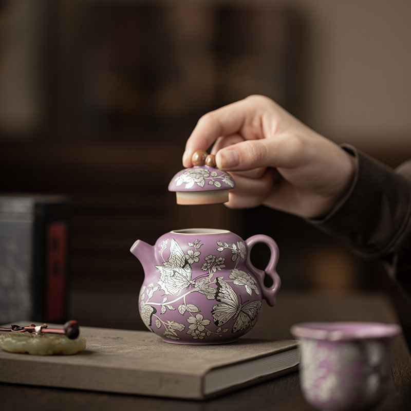 Chậu bầu hoa tình yêu bướm mạ bạc Ziru có thể mở được, ấm trà gốm sứ chống bỏng, ấm cầm tay, ấm đơn, hộp quà