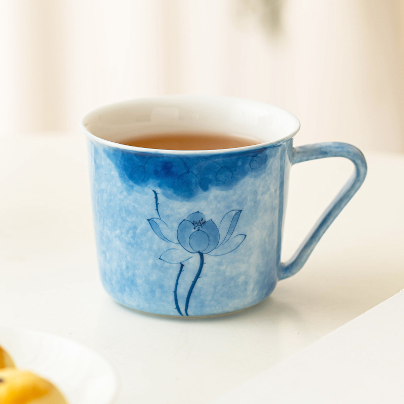 Cốc cà phê hoa sen xanh vẽ tay cốc trà chiều tinh tế cao cấp gốm sứ cốc Latte Có giá trị cao Cốc uống nước